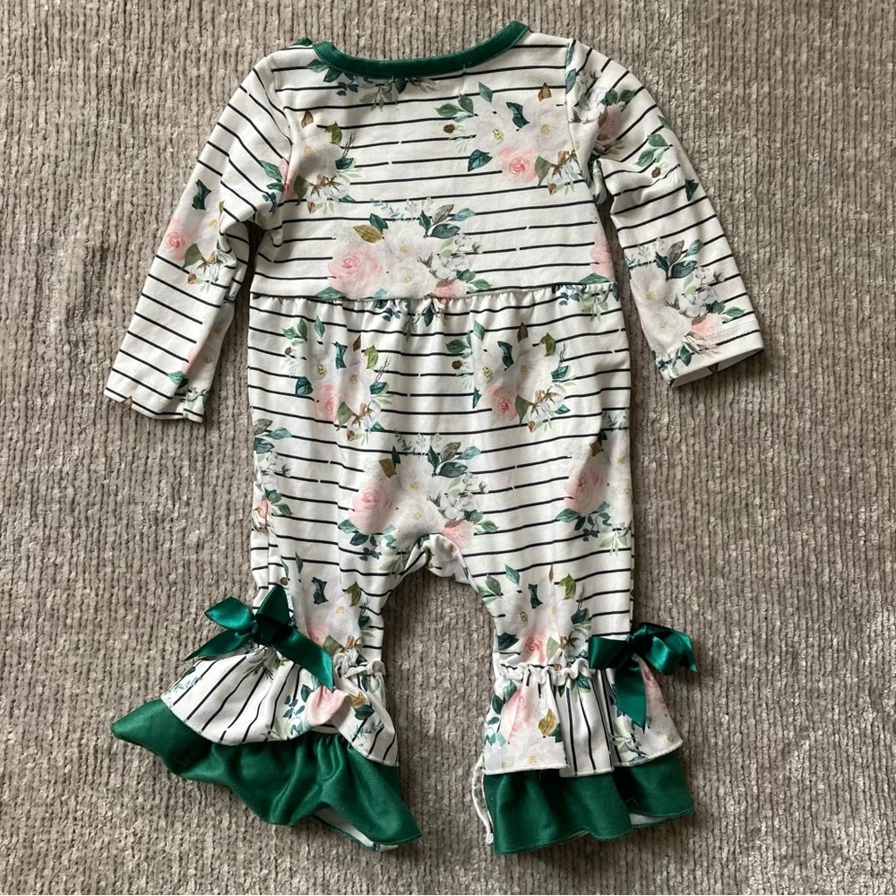 Marie Nicole 0-3M Ruffle Floral Stripe Romper With Green Trim Cottagecore Preppy
